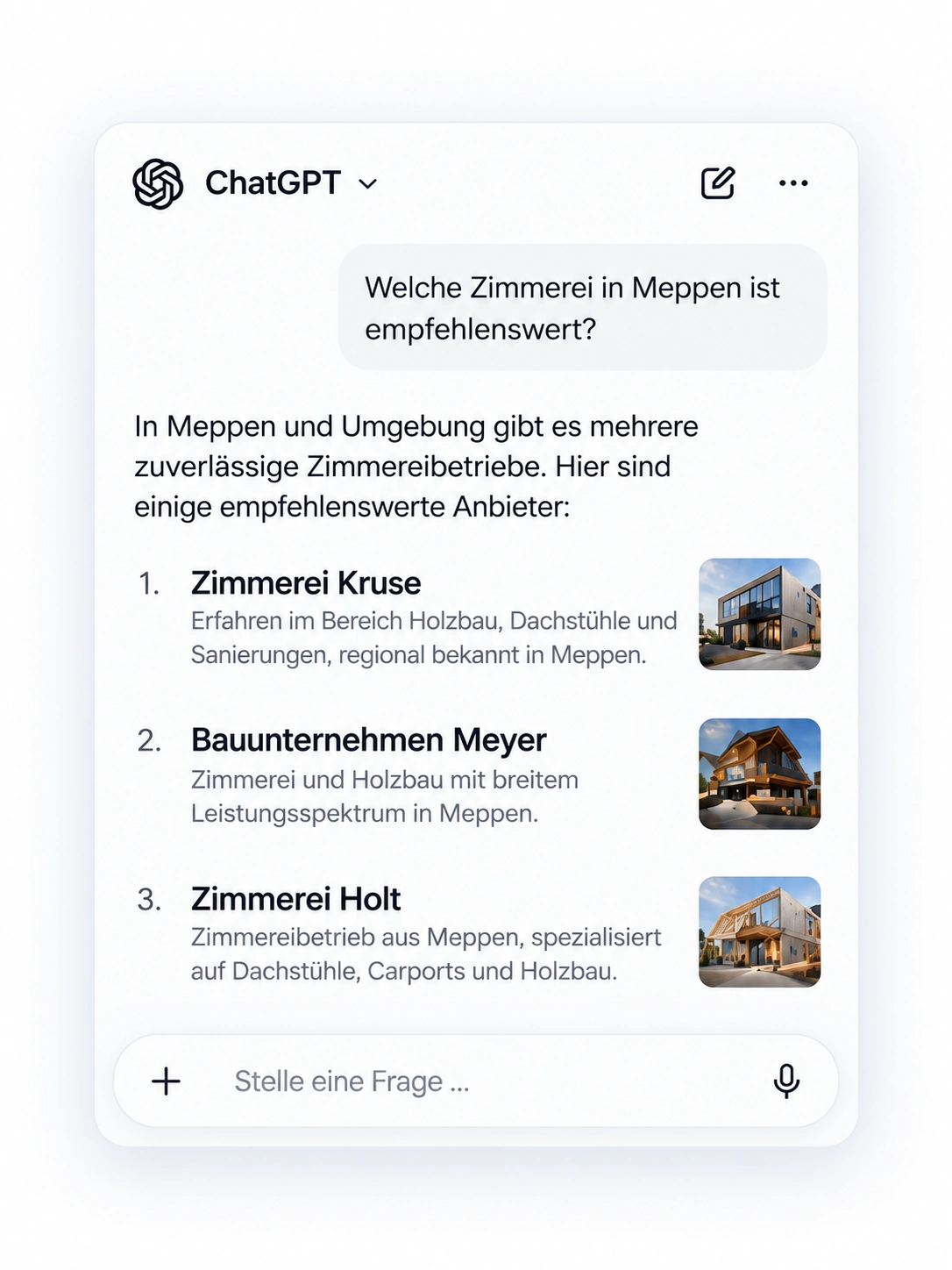 KI-Suchergebnis mit Empfehlungen für Zimmereien