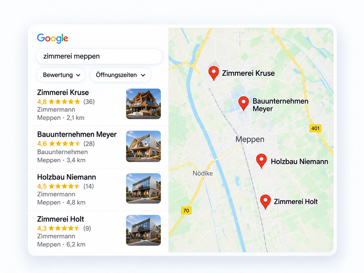 Lokale Google-Suchergebnisse auf einer Karte
